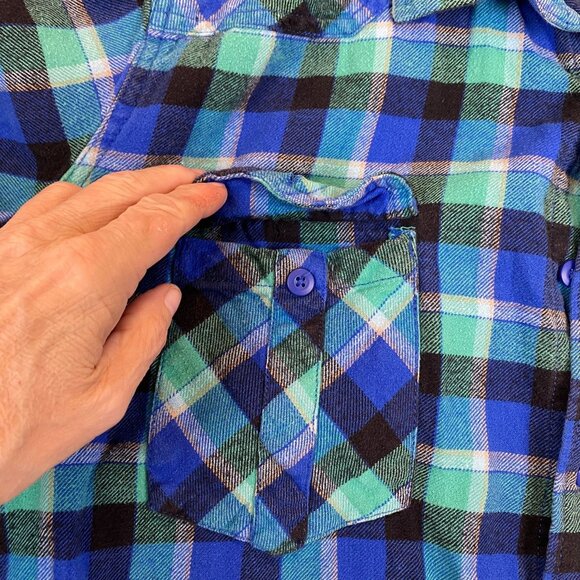 Vintage OP Ocean Pacific Mens Button Down Shirt 2XL Blue Green Plaid Flannel - Picture 7 of 10